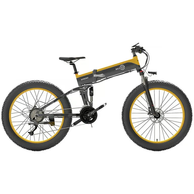 Bezior - Vélo électrique pliable Bezior X1500 pour adultes, VTT à gros pneus 26 pouces, batterie 1500 W 48 V 12,8 Ah, Shimano 27 vitesses-Jaune – Image 2
