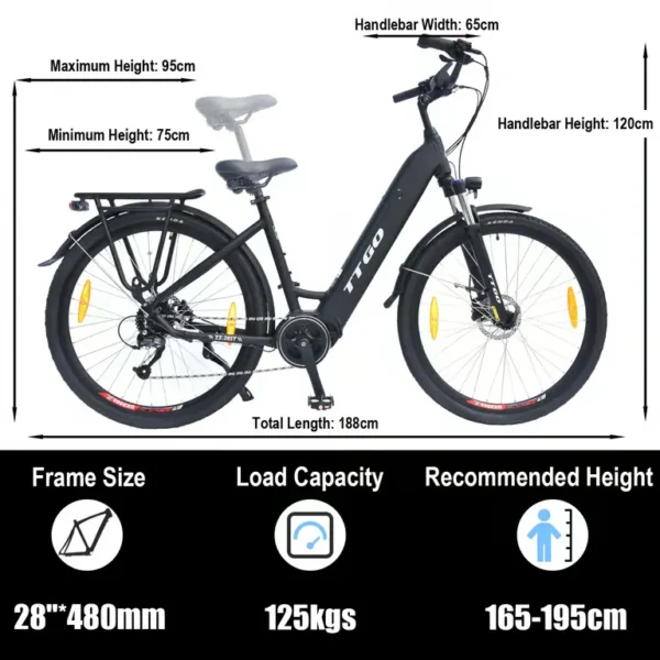 TTGO - Vélo électrique de ville TTGO LK-ZZ-28ST 28'' pour femmes Moteur 250 W Batterie 36 V 20 Ah Frein à disque hydraulique Shimano 9 vitesses – Image 3