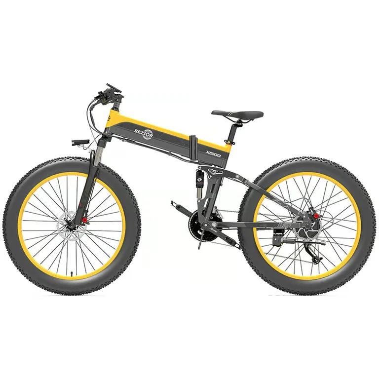 Bezior - Vélo électrique pliable Bezior X1500 pour adultes, VTT à gros pneus 26 pouces, batterie 1500 W 48 V 12,8 Ah, Shimano 27 vitesses-Jaune – Image 3