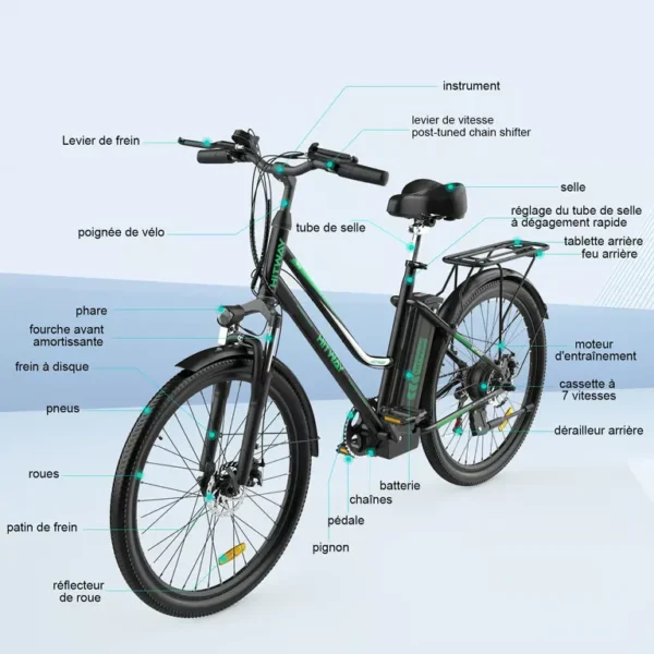 HITWAY - Vélo Électrique HITWAY Noir 26 POUCES 250W 36V 11.2Ah Shimano 7 Vitesses E-Bike – Image 6