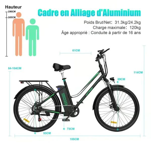 HITWAY - Vélo Électrique HITWAY Noir 26 POUCES 250W 36V 11.2Ah Shimano 7 Vitesses E-Bike – Image 7