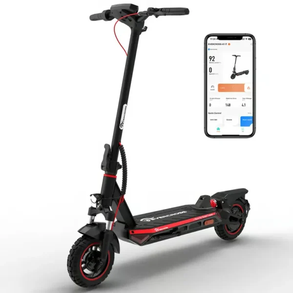 EVERCROSS TECH - Trottinette Électrique Adulte A1 Pliable 10' Écran LED Bluetooth APP Rouge